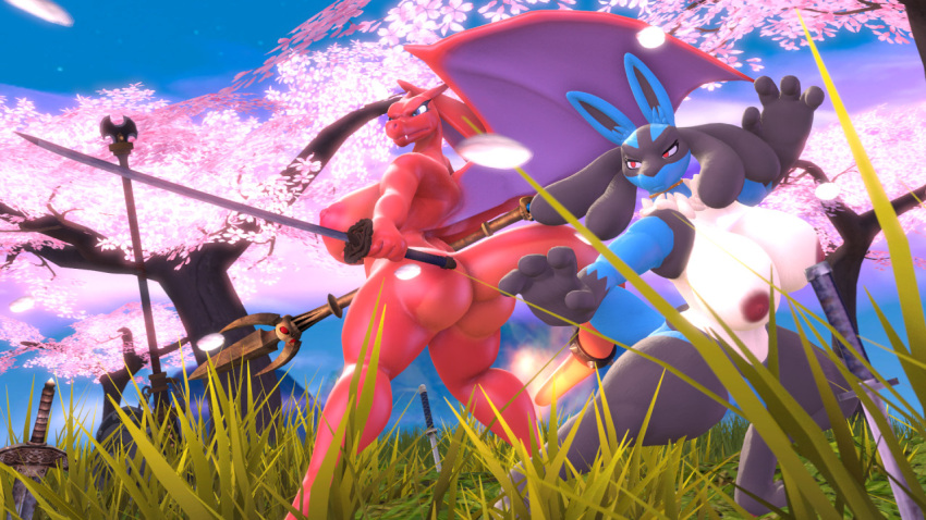 3d_(artwork) anthro big_breasts big_butt black_body black_fur blossoms blue_body blue_eyes blue_fur blue_wings breasts butt charizard digital_media_(artwork) duo female forest fur grass leaf lucario melee_weapon nintendo nipples orange_body orange_scales orange_wings plant pok&eacute;mon pok&eacute;mon_(species) red_eyes scales source_filmmaker sword thick_thighs tigura tree video_games weapon wide_hips wings yellow_body yellow_fur yellow_scales