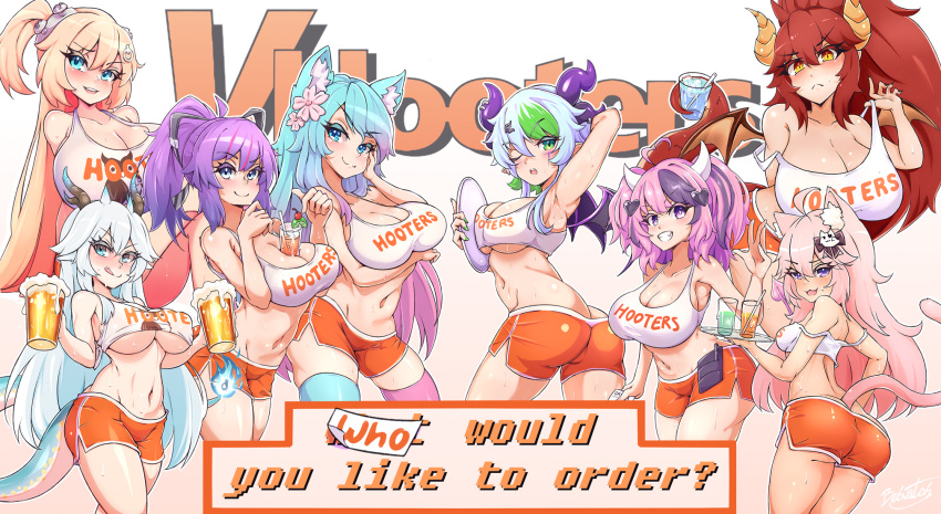 6+girls ahoge animal_ear_fluff animal_ears bangs bebatch beer_mug blue_eyes blue_hair blush breasts bsapricot_(vtuber) cat_ears cat_girl cleavage clothes_writing cup demon_girl demon_horns demon_wings dragon_girl dragon_horns dragon_tail dragon_wings employee_uniform eyebrows_visible_through_hair gloves gradient_hair green_eyes green_hair hair_ornament heart heart_ahoge heart_hair_ornament highres hime_hajime holding holding_cup holding_with_tail hooters horns ironmouse large_breasts long_hair looking_at_viewer medium_breasts melody_(projektmelody) mug multicolored_hair multiple_girls navel nyatasha_nyanners off_shoulder open_mouth orange_shorts pink_hair ponytail prehensile_tail purple_eyes purple_hair red_hair restaurant short_shorts shorts silvervale smile streaked_hair tail tank_top thighhighs uniform vei_(vtuber) very_long_hair virtual_youtuber vshojo waitress white_hair wings wolf_ears wolf_girl zentreya_(vtuber)