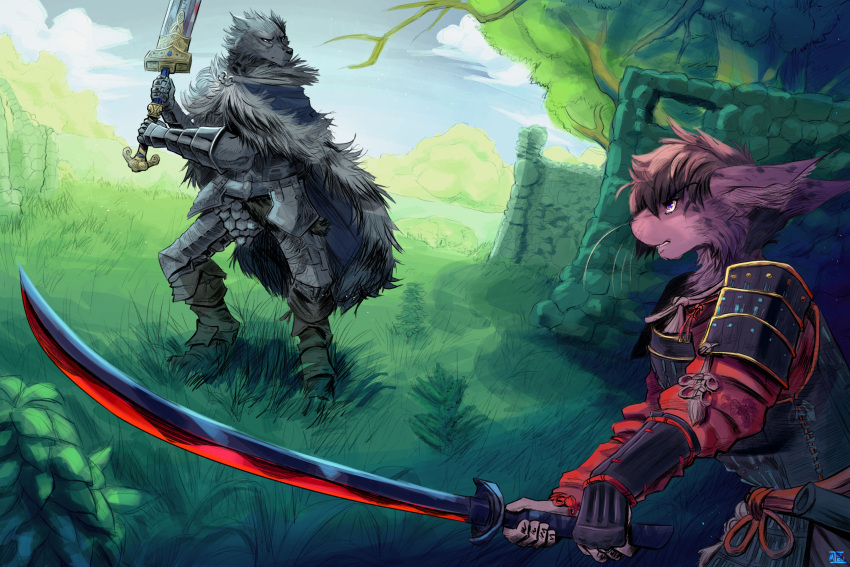 2022 anthro armor blaidd_(elden_ring) canid canine canis carpetwurm conditional_dnp day detailed_background elden_ring felid feline fight grass greatsword hi_res katana lynx male mammal melee_weapon outside plant samurai signature sword tree video_games warrior weapon wolf