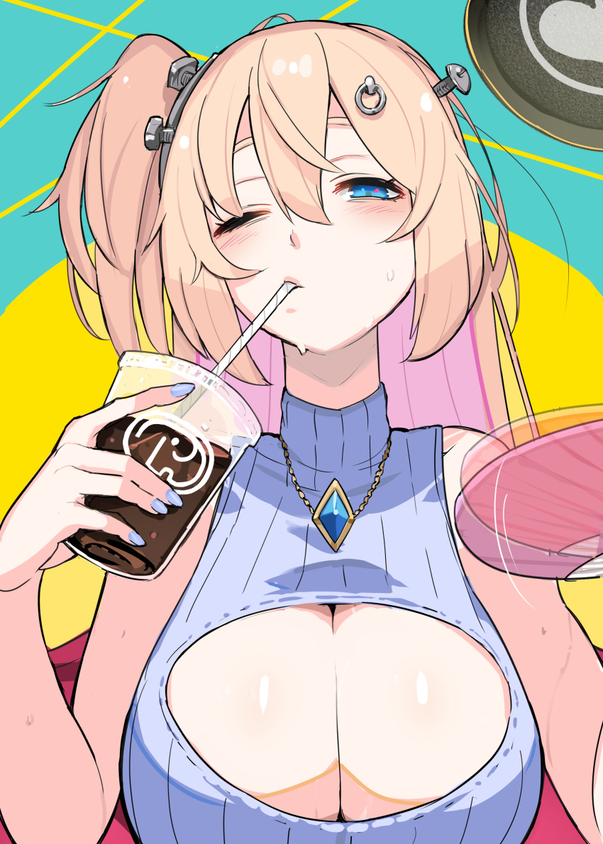 1girl absurdres bangs blonde_hair blue_eyes breasts cleavage cleavage_cutout clothing_cutout cup drinking drinking_straw hide_(hideout) highres hime_hajime holding holding_cup jewelry large_breasts long_hair looking_at_viewer one_eye_closed screw_in_head side_ponytail solo virtual_youtuber vshojo