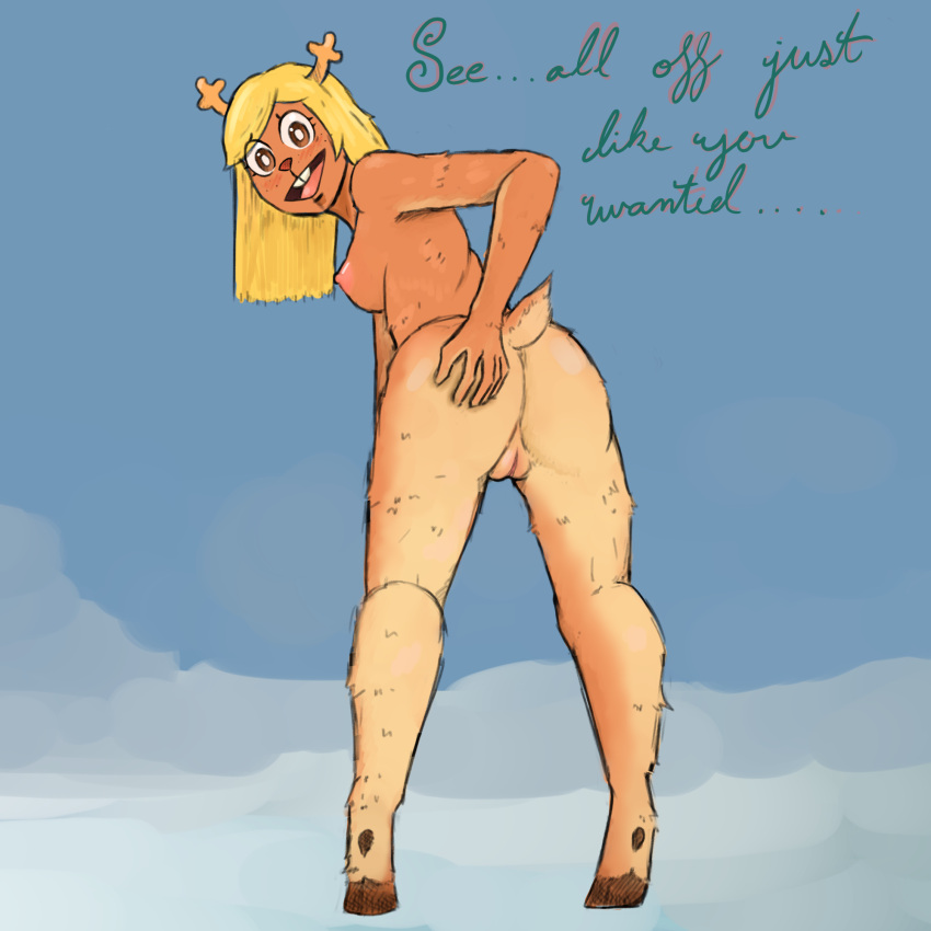 abstract_background anthro antlers areola blonde_hair blue_background blush breasts brown_body brown_eyes brown_fur brown_hooves buckteeth butt butt_pose capreoline cervid countershade_butt countershade_legs countershade_tail countershading deltarune dialogue english_text female freckles fur genitals hair hand_on_butt hi_res holemann hooves horn looking_at_viewer looking_back mammal nipples noelle_holiday nude open_mouth pink_areola pink_nipples pose presenting presenting_hindquarters presenting_pussy pupils pussy rear_view red_nose reindeer scut_tail short_tail simple_background solo talking_to_viewer tan_antlers tan_body tan_countershading teeth text undertale_(series) video_games white_pupils