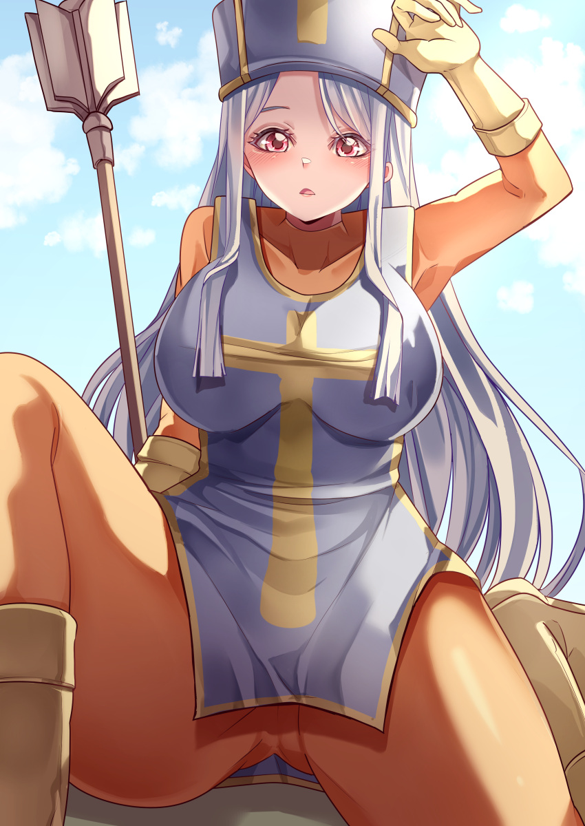 1girl absurdres blue_hair blue_headwear blue_sky blue_tabard bodysuit breasts brown_footwear commentary_request cross dragon_quest dragon_quest_iii gloves hand_on_headwear hat highres large_breasts long_hair looking_at_viewer maboroshi_mochi mitre open_mouth outdoors priest_(dq3) red_eyes sky solo yellow_gloves