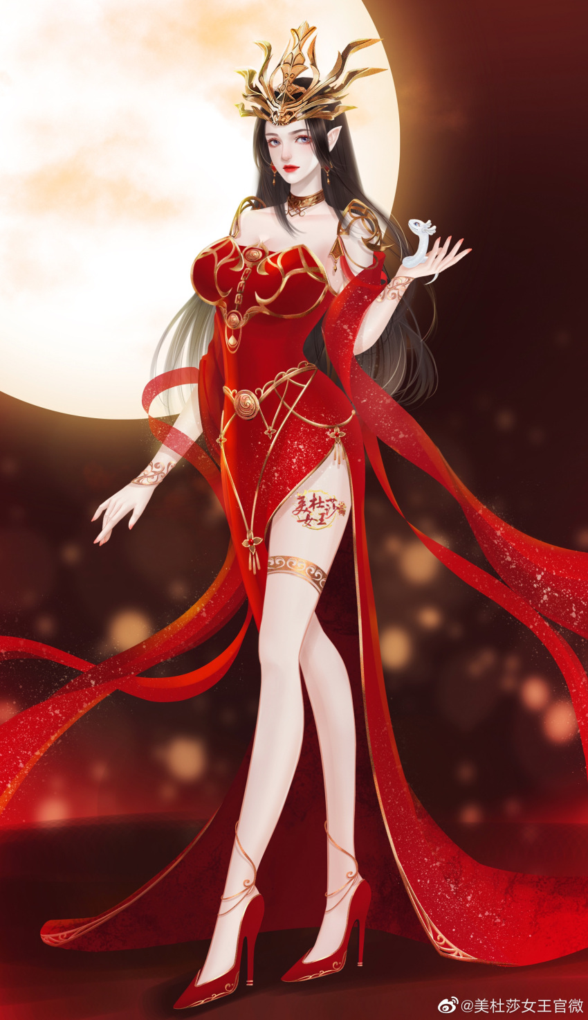 1girl absurdres bare_legs bare_shoulders black_hair breasts cai_lin_(doupo_cangqiong) doupo_cangqiong dress hair_ornament high_heels highres lamia large_breasts long_hair mei_du_sha_nuwang_zhuye monster_girl moon red_dress snake