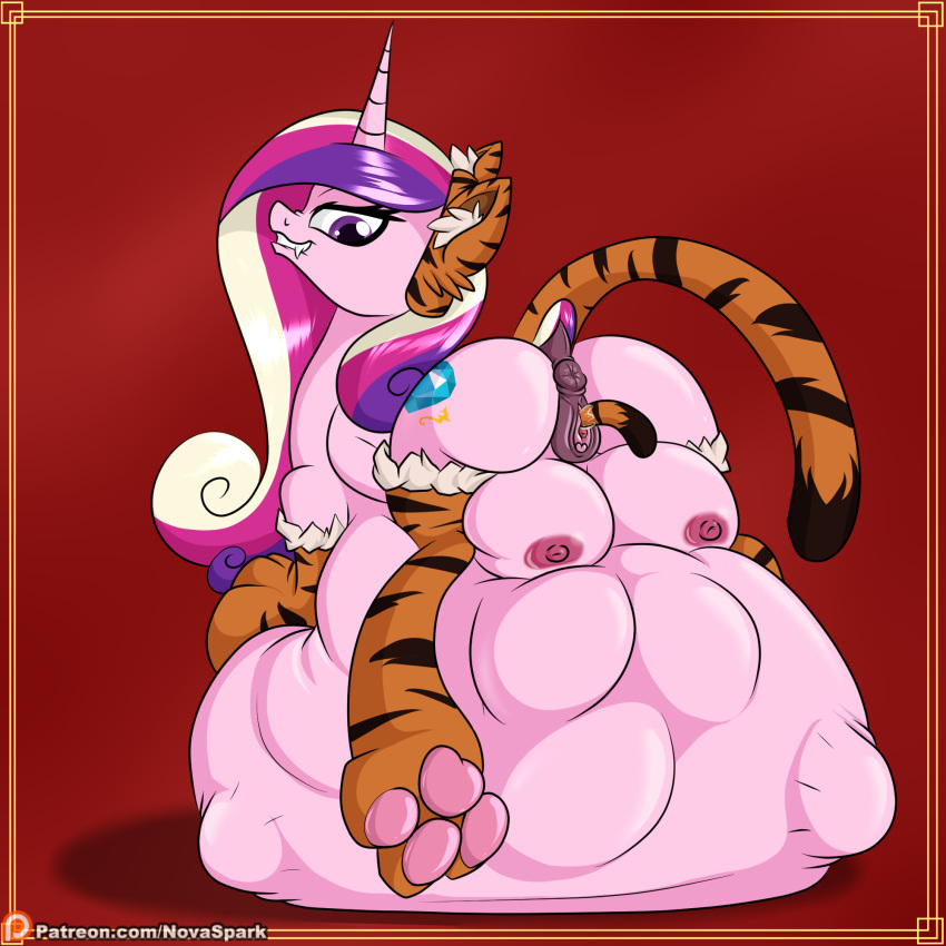 abdominal_bulge anus belly bodily_fluids chinese_zodiac clitoral_winking clitoris dock equid equine fake_ears fake_tail fangs female feral friendship_is_magic genital_fluids genitals hasbro hi_res horn male male/female mammal my_little_pony nipples novaspark patreon pink_body princess_cadance_(mlp) puffy_anus pussy_juice raised_tail shining_armor_(mlp) teats unbirthing vaginal vore winged_unicorn wings year_of_the_tiger