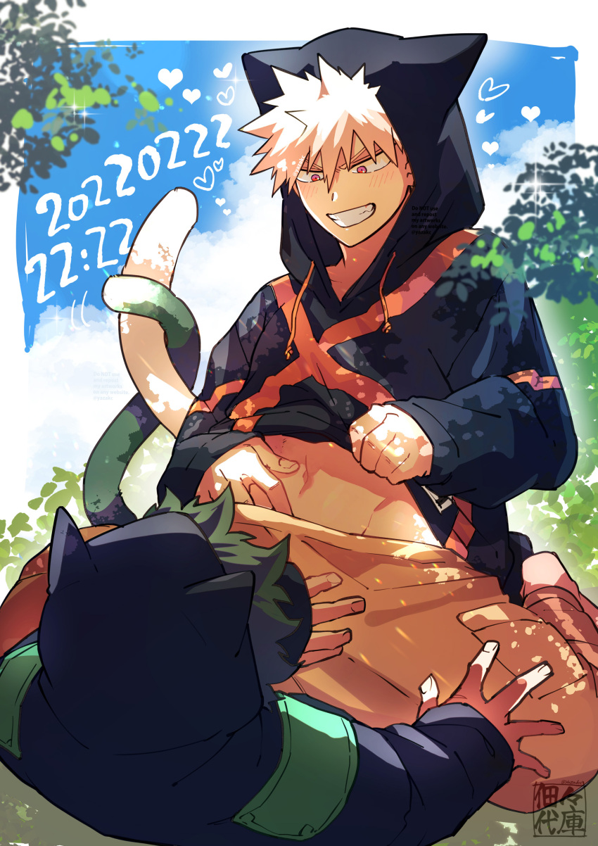 2boys absurdres animal_hood baggy_pants bakugou_katsuki bangs barefoot black_hoodie blonde_hair blue_sky boku_no_hero_academia bush cargo_pants cat_day cat_tail clothes_lift dated day evil_grin evil_smile faceless grass green_hair grin groin hand_in_pants hands_up heart highres hood hood_up hoodie intertwined_tails leaf leaning_back looking_at_another male_focus midoriya_izuku multiple_boys orange_pants outdoors pants red_eyes shirt_lift short_hair signature sitting sitting_on_person sky smile spiked_hair straddling tail teeth tree v-neck v-shaped_eyebrows x yaoi yazakc