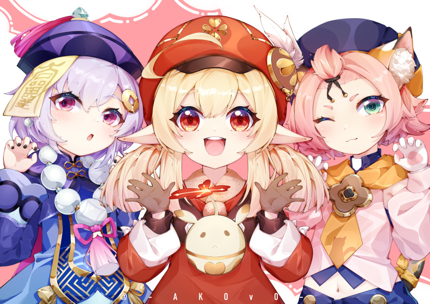 3girls :d ;) ;3 absurdres ahoge akovo animal_ears bangs bangs_pinned_back bead_necklace beads brown_gloves brown_scarf cabbie_hat cat_ears cat_girl cat_tail chinese_clothes choker claw_pose clover_print coat coin_hair_ornament commentary_request detached_sleeves diona_(genshin_impact) eyebrows_visible_through_hair genshin_impact gloves green_eyes hair_between_eyes hair_ribbon hat hat_feather hat_ornament highres jewelry jiangshi jumpy_dumpty klee_(genshin_impact) long_hair long_sleeves looking_at_viewer low_twintails midriff multiple_girls navel necklace ofuda one_eye_closed parted_lips paw_print_palms pink_hair pointy_ears puffy_detached_sleeves puffy_sleeves purple_eyes purple_hair qing_guanmao qiqi_(genshin_impact) red_coat red_eyes red_headwear ribbon scarf short_hair sidelocks simple_background smile tail thick_eyebrows twintails twitter_username viewfinder white_gloves