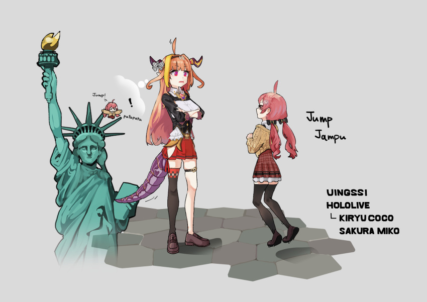 ! &gt;_&lt; 2girls ahoge black_legwear breasts cardigan crossed_arms dongdong_(0206qwerty) dragon_girl dragon_horns dragon_tail english_text full_body gradient_hair highres hololive horns jumping kiryu_coco large_breasts multicolored_hair multiple_girls new_york orange_hair pink_hair sakura_miko shoes standing statue_of_liberty tail talking thighhighs yellow_cardigan