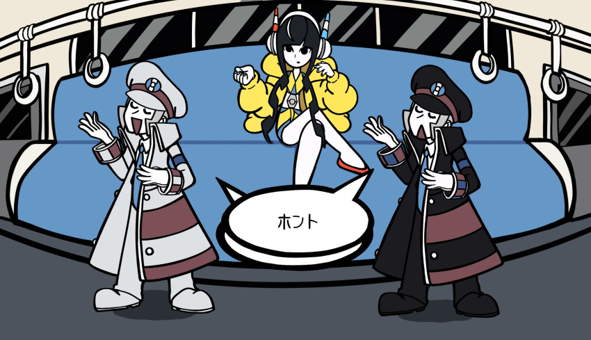 1girl 2boys bangs battle_subway black_coat black_footwear black_headwear black_pants blue_necktie blunt_bangs coat elesa_(pokemon) emmet_(pokemon) fur_jacket grey_hair hand_grip hat headphones highres ingo_(pokemon) jacket long_sideburns long_sleeves minna_no_rhythm_tengoku multiple_boys necktie pants parody peaked_cap pokemon pokemon_(game) pokemon_bw2 rhythm_tengoku safe_2256 shirt short_hair_with_long_locks sideburns speech_bubble style_parody subway takeuchi_kou_(style) train_interior trench_coat white_coat white_footwear white_headwear white_pants white_shirt yellow_jacket