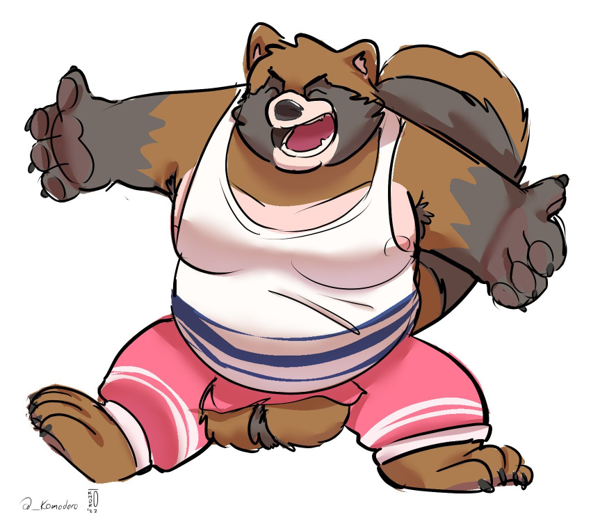 2022 anthro balls belly big_balls big_belly black_nose bottomwear canid canine clothing eyes_closed genitals hi_res humanoid_hands komodororny male mammal overweight overweight_male pants raccoon_dog shirt solo tanuki topwear