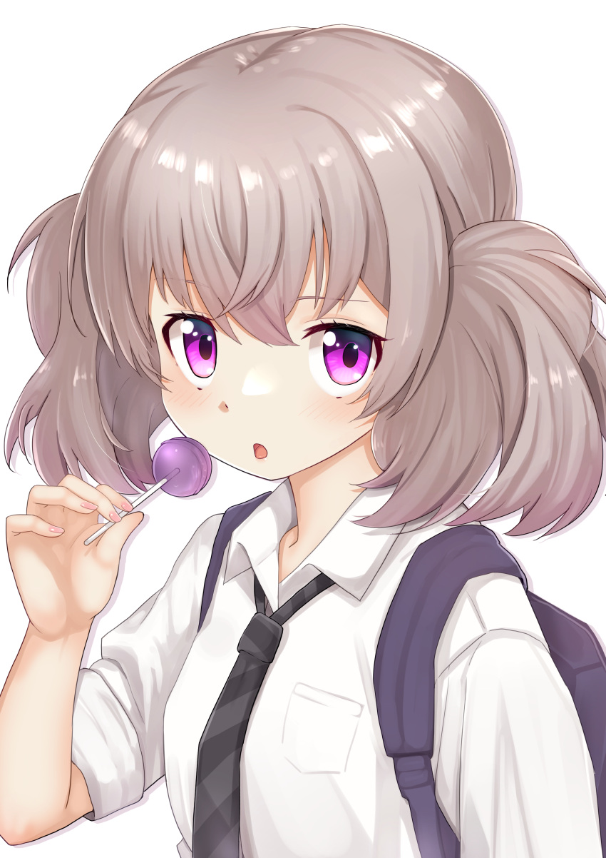 1girl absurdres ao_(flowerclasse) backpack bag bangs blush breasts brown_hair candy collared_shirt commentary_request diagonal-striped_neckwear diagonal_stripes eyebrows_visible_through_hair food hair_between_eyes hand_up highres holding holding_candy holding_food holding_lollipop lollipop looking_at_viewer necktie purple_eyes shirt short_sleeves simple_background slow_loop small_breasts solo striped twintails upper_body white_background white_shirt yoshinaga_koi