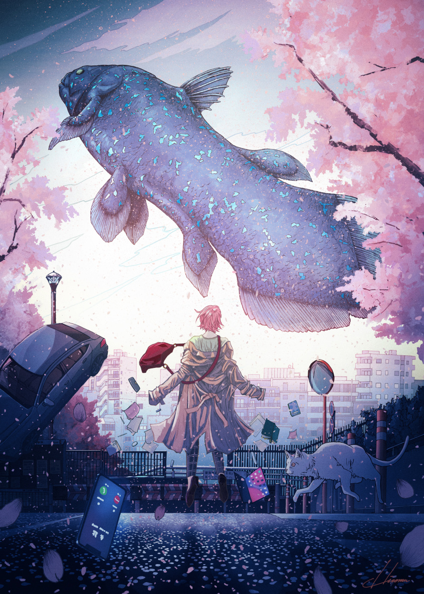 1girl absurdres animal cat cellphone cherry_blossoms city coelacanth fish highres hipy_(image_oubliees) original outdoors oversized_animal phone sky smartphone solo zero_gravity