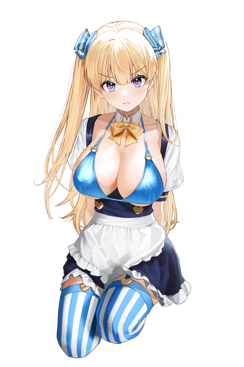 1girl absurdres apron arms_behind_back blonde_hair blue_bow blue_eyes blue_skirt bow breastless_clothes breasts chungu cleavage closed_mouth collarbone commentary covered_nipples detached_collar detached_sleeves eyebrows_visible_through_hair eyelashes frilled_skirt frills frown garter_straps hair_between_eyes hair_ornament heart heart_o-ring highres large_breasts lina_(michihasu) long_hair looking_at_viewer maid_apron multicolored_eyes pink_eyes seiza serious shadow simple_background sitting skirt solo striped striped_legwear thighhighs twintails v-shaped_eyebrows vertical-striped_legwear vertical_stripes white_background