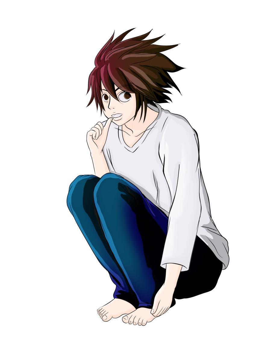 1boy absurdres bags_under_eyes bangs black_eyes brown_hair clip_studio_paint_(medium) death_note hair_between_eyes highres l_(death_note) male_focus shirt short_hair short_sleeves simple_background solo white_background white_shirt yel_mizuno