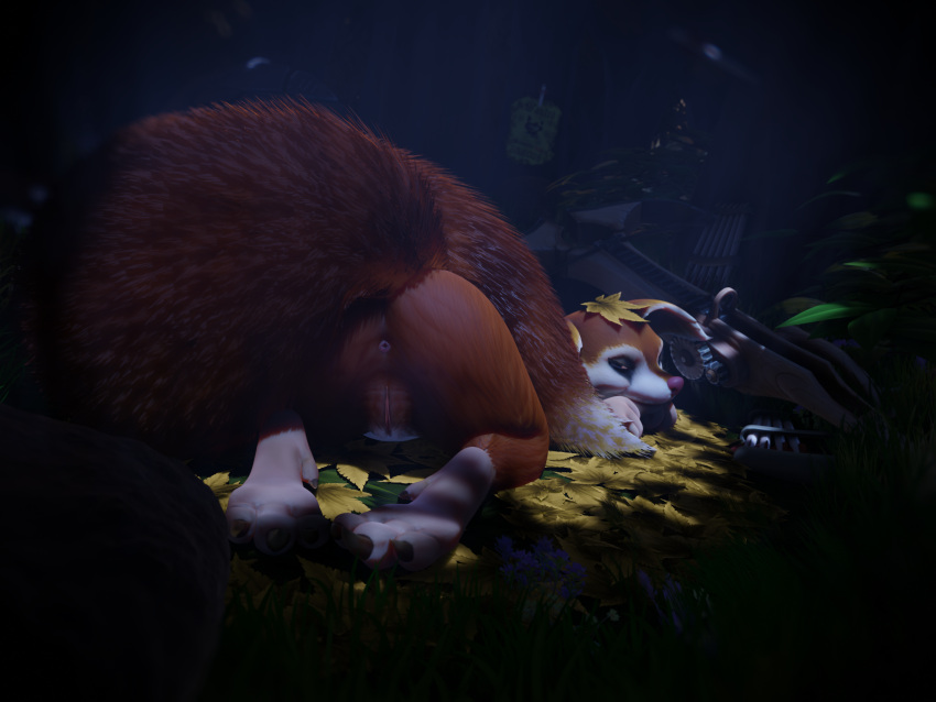 3d_(artwork) 4:3 ano_delta anthro butt claws covering covering_self crossbow digital_media_(artwork) dota feet female fingers forest fur genitals grass hi_res hoodwink_(dota) leaf lying mammal night on_front on_grass outside plant presenting pussy raised_tail ranged_weapon red_body red_fur red_nose rodent sciurid solo tail_tuft tree tree_squirrel tuft video_games weapon white_body wood