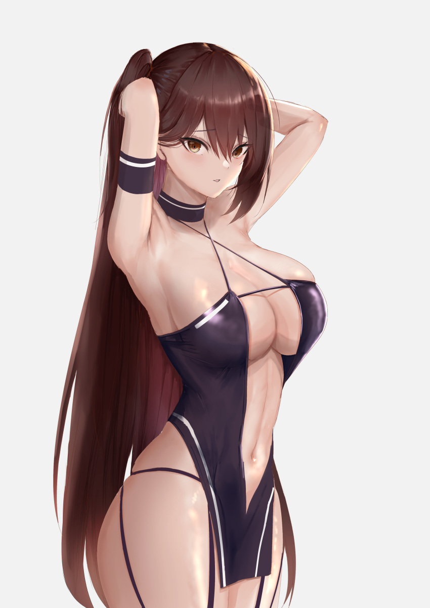 1girl absurdres armpits azur_lane bare_hips breasts brown_eyes brown_hair center_opening cleavage clothing_cutout commentary_request criss-cross_halter halterneck highres large_breasts long_hair mippei navel navel_cutout one_side_up pelvic_curtain race_queen revealing_clothes zuikaku_(azur_lane) zuikaku_(the_wind's_true_name)_(azur_lane)