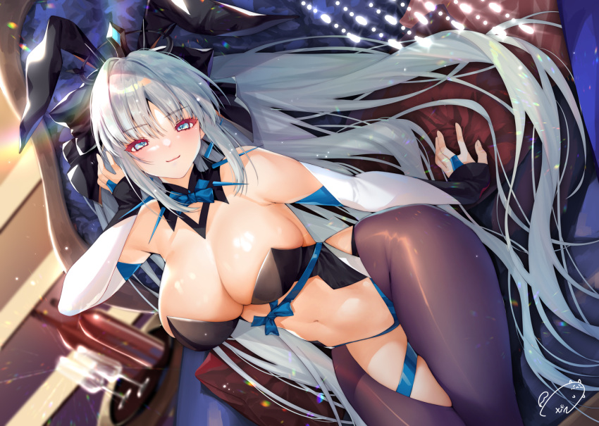 1girl alcohol alternate_costume animal_ears bed black_bow bottle bow braid breasts bunny center_opening cleavage clothing_cutout cup detached_collar detached_sleeves drinking_glass fake_animal_ears fate/grand_order fate_(series) french_braid indoors large_breasts light_blue_eyes long_hair looking_at_viewer morgan_le_fay_(fate) navel obiwan pantyhose pillow platinum_blonde_hair ponytail rabbit_ears rabbit_girl smile solo stomach_cutout table tray wine wine_bottle wine_glass