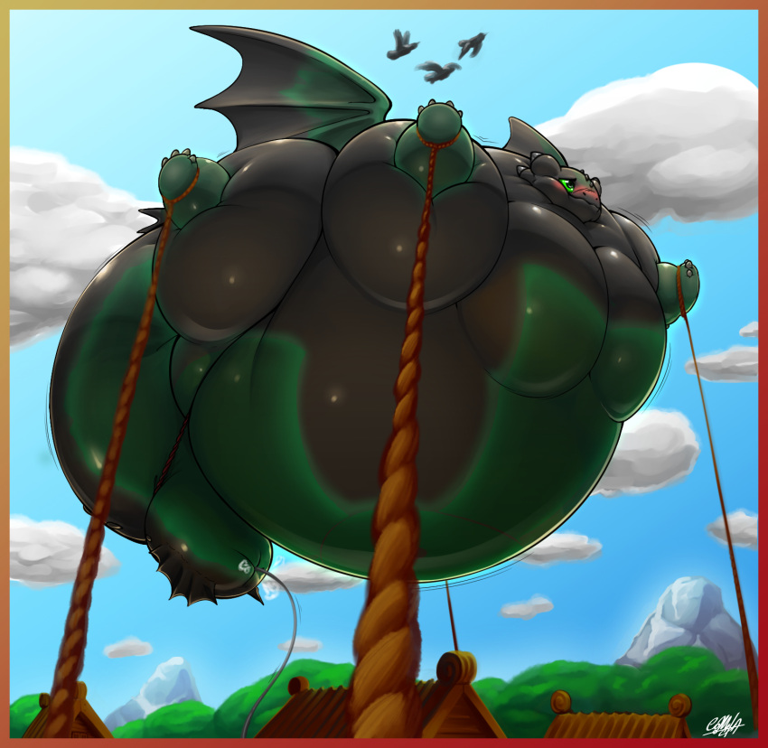 2017 ambiguous_gender belly big_belly big_tail blush bound cloud detailed_background dragon dreamworks feral floating green_eyes hi_res hose how_to_train_your_dragon hyper hyper_belly inflation milkybody mountain night_fury plant rope scalie signature solo tethered tree western_dragon wings