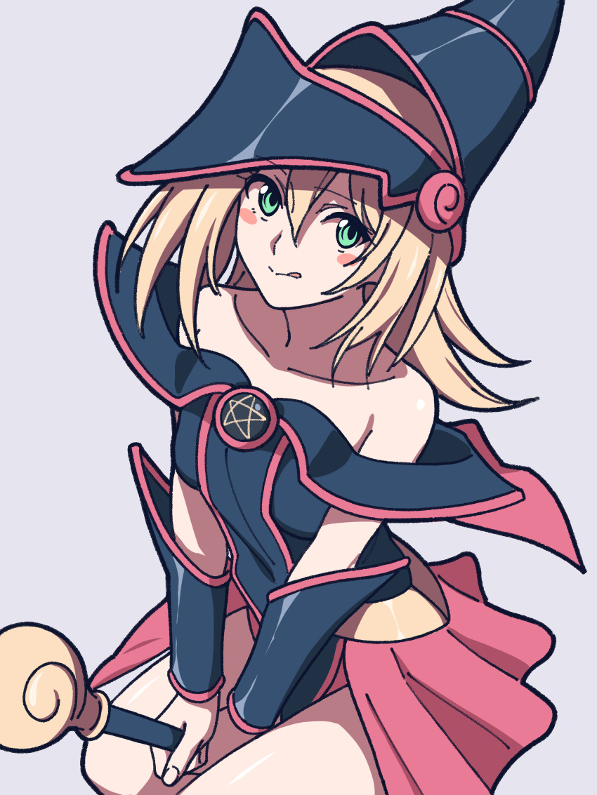 1girl absurdres bare_shoulders between_legs blonde_hair blue_headwear blush blush_stickers closed_mouth collarbone dark_magician_girl duel_monster eyebrows_visible_through_hair fingernails green_eyes grey_background hair_between_eyes hat highres holding holding_wand kashiwa_(iersansi) kneeling long_hair looking_at_viewer off_shoulder pentagram shiny shiny_skin simple_background solo tongue tongue_out wand yu-gi-oh!