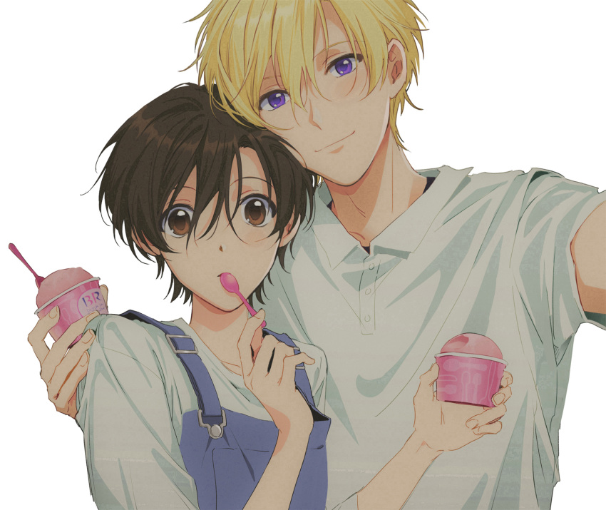 1boy 1girl baskin-robbins blonde_hair brown_eyes eating food fujioka_haruhi highres holding holding_food holding_spoon ice_cream ouran_high_school_host_club overalls purple_eyes short_hair simple_background smile sophie_(693432) spoon suou_tamaki utensil_in_mouth white_background