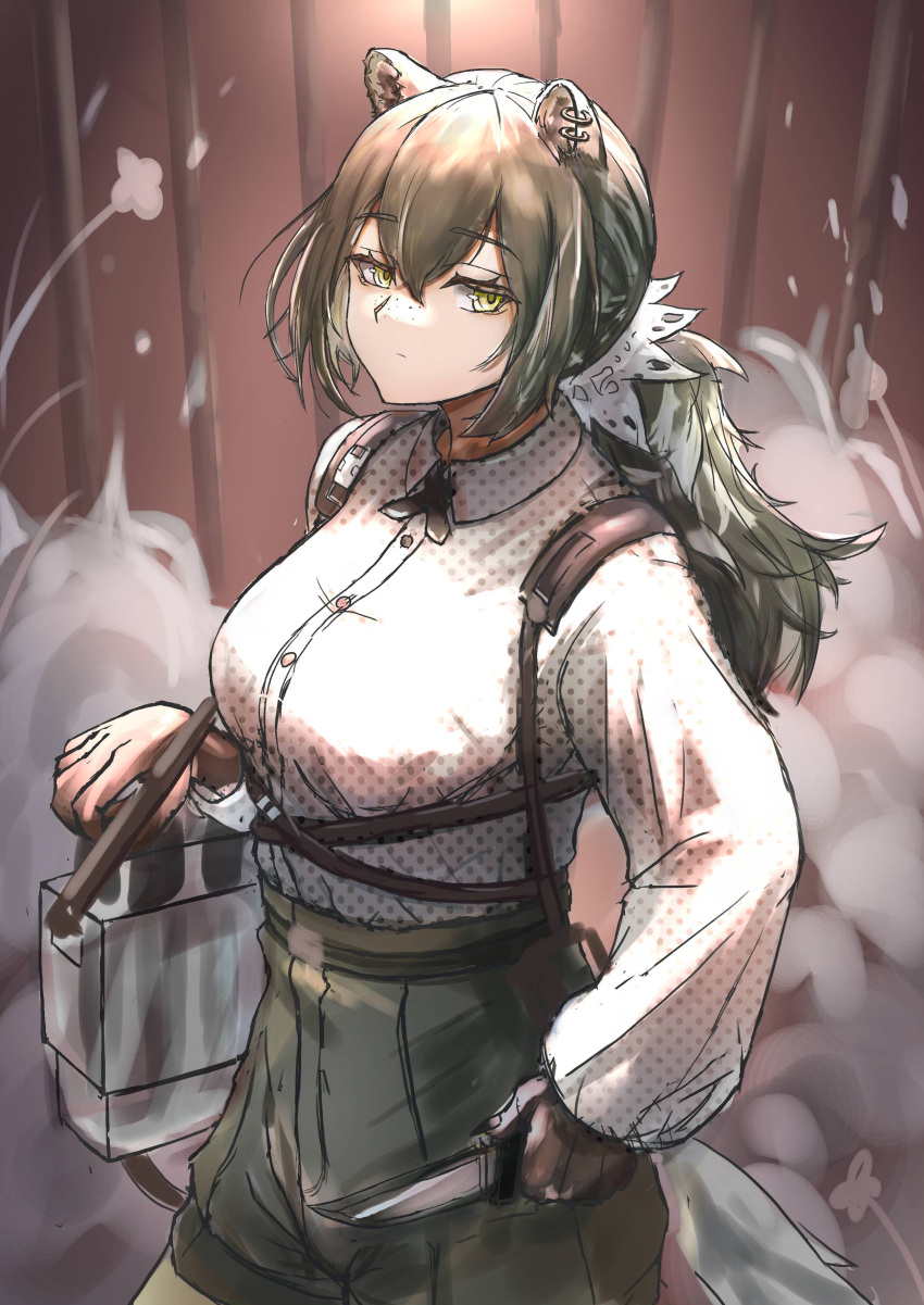 1girl absurdres animal_hands arknights bag black_ribbon black_shorts brown_hair buttons chou_oji collared_shirt cowboy_shot ear_piercing eyebrows_visible_through_hair freckles green_legwear hair_between_eyes highres holding holding_knife knife legwear_under_shorts long_hair long_sleeves looking_at_viewer neck_ribbon pantyhose piercing polka_dot polka_dot_shirt ponytail ribbon robin_(arknights) shirt shirt_tucked_in shorts shoulder_bag sketch solo white_shirt yellow_eyes