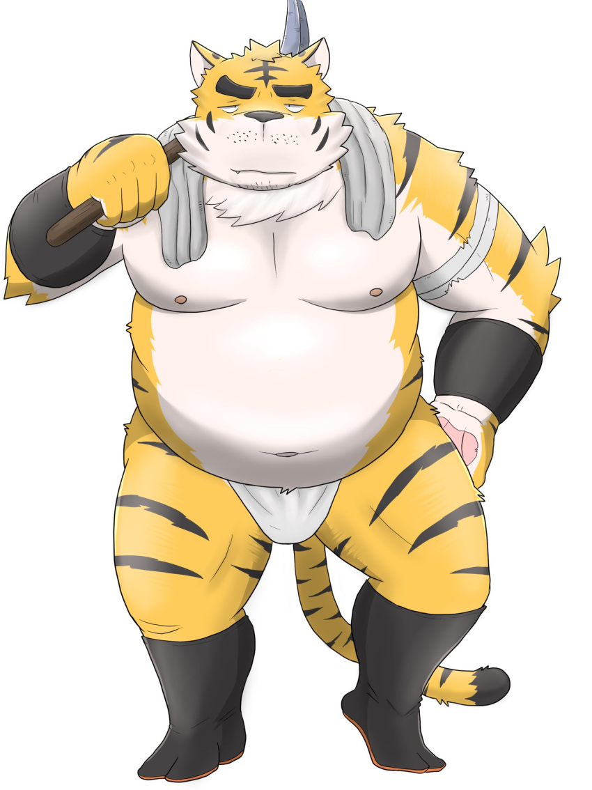 2022 anthro asian_clothing belly big_belly bulge clothing east_asian_clothing felid fundoshi hi_res humanoid_hands inunodaidokoro japanese_clothing kemono male mammal moobs navel nipples overweight overweight_male pantherine simple_background solo tiger towel towel_around_neck underwear white_background white_body white_clothing white_fundoshi white_underwear yellow_body