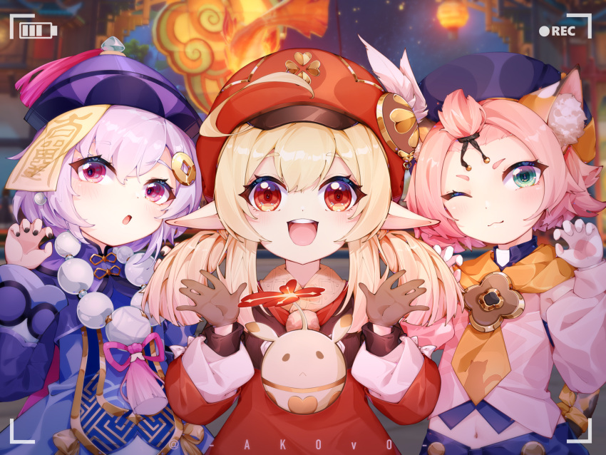 3d_background 3girls :d ;) ;3 absurdres ahoge akovo animal_ears bangs bangs_pinned_back bead_necklace beads brown_gloves brown_scarf cabbie_hat cat_ears cat_girl cat_tail chinese_clothes choker claw_pose clover_print coat coin_hair_ornament commentary_request detached_sleeves diona_(genshin_impact) eyebrows_visible_through_hair genshin_impact gloves green_eyes hair_between_eyes hair_ribbon hat hat_feather hat_ornament highres jewelry jiangshi jumpy_dumpty klee_(genshin_impact) lantern long_hair long_sleeves looking_at_viewer low_twintails midriff multiple_girls navel necklace ofuda one_eye_closed paw_print_palms pink_hair pointy_ears puffy_detached_sleeves puffy_sleeves purple_eyes purple_hair qing_guanmao qiqi_(genshin_impact) recording red_coat red_eyes red_headwear ribbon scarf short_hair sidelocks smile tail thick_eyebrows twintails twitter_username viewfinder white_gloves
