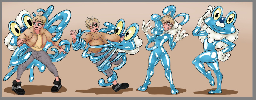 anthro blonde_hair bound clothing costume duo encasement eyewear froakie glasses green_eyes grizzlydafurry_(artist) hair hi_res human living_clothing male mammal mascot nintendo pok&eacute;mon pok&eacute;mon_(species) rubber rubber_clothing rubber_suit sequence simple_background suiting video_games