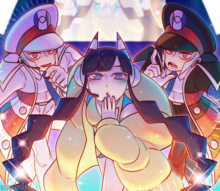 1girl 2boys black_coat black_hair black_pants blue_eyes blue_nails blue_necktie coat commentary earpiece elesa_(pokemon) emmet_(pokemon) frown gloves hand_to_own_mouth hat headphones highres ingo_(pokemon) jacket leaning_forward looking_at_viewer m-hex multiple_boys nail_polish necktie open_mouth overcoat pants peaked_cap pokemon pokemon_(game) pokemon_bw2 pursed_lips red_eyes ringed_eyes siblings sideburns silver_hair smile standing twins twintails white_coat white_gloves white_pants yellow_jacket