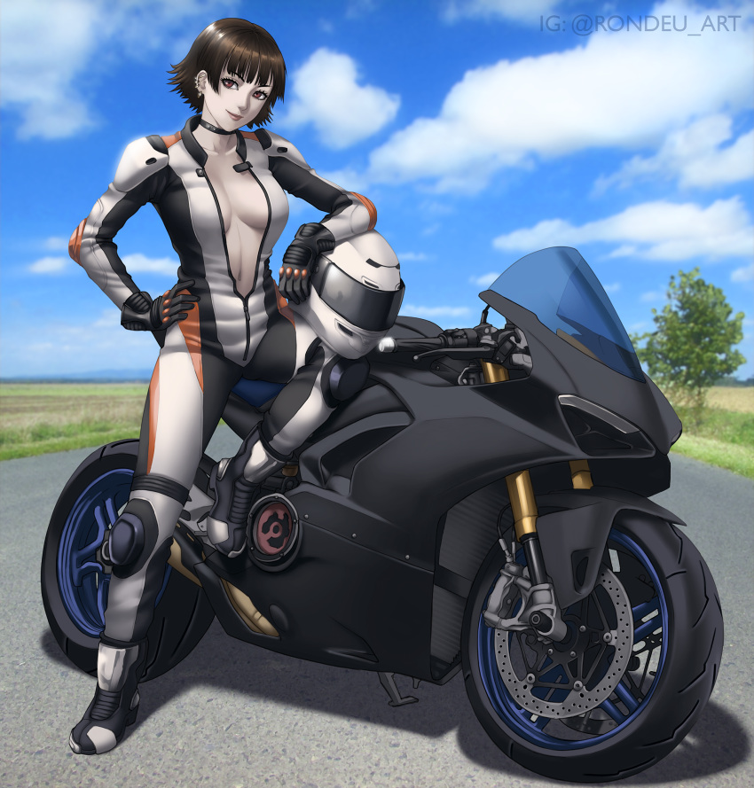 1girl alternate_costume arm_rest biker_clothes bikesuit bodysuit boots breasts brown_hair choker day ducati elbow_pads english_commentary full-length_zipper full_body gloves ground_vehicle hand_on_hip helmet highres instagram_username knee_pads lips long_sleeves looking_at_viewer medium_breasts motor_vehicle motorcycle motorcycle_helmet navel niijima_makoto no_bra outdoors pale_skin partially_unzipped persona persona_5 red_eyes rondeu shiny shiny_hair short_hair smile solo standing standing_on_one_leg stomach zipper