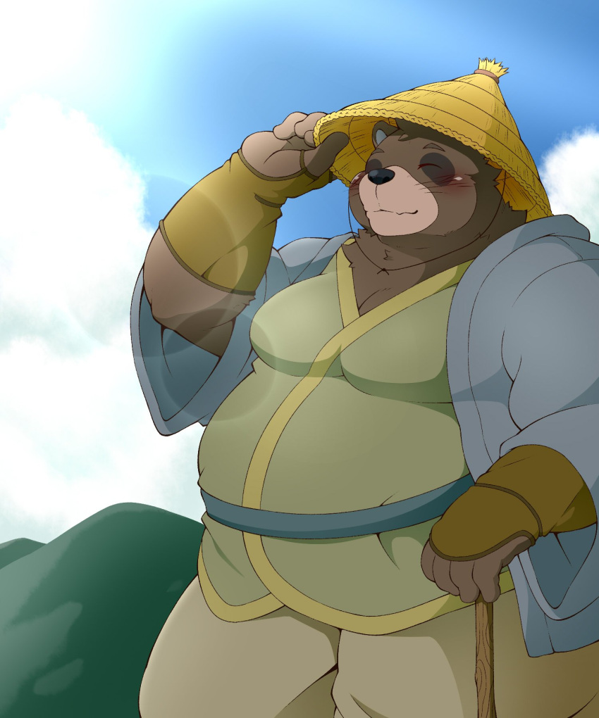 2022 5:6 anthro asian_clothing belly big_belly black_nose blush brown_body canid canine clothing east_asian_clothing eyes_closed hi_res humanoid_hands japanese_clothing kemono male mammal mountain outside overweight overweight_male pomupomu490 raccoon_dog solo tanuki