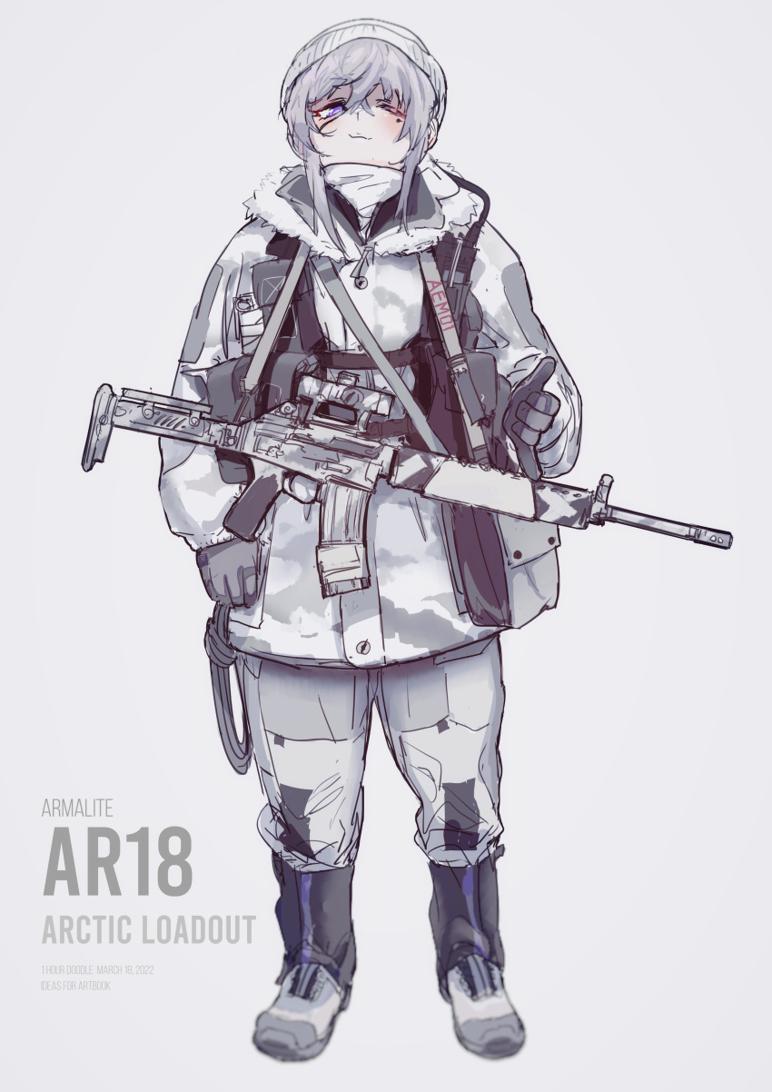 1girl absurdres alma01 ar-18 assault_rifle bangs blush boots closed_mouth dated english_text full_body gloves grey_footwear grey_gloves grey_hair gun hair_between_eyes hat highres hood hood_down hooded_jacket jacket long_sleeves looking_at_viewer mole mole_under_eye one_eye_closed original pants purple_eyes rifle scope short_hair simple_background smile solo standing weapon white_background white_headwear winter_clothes