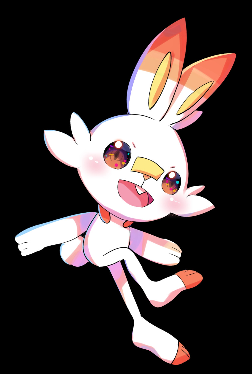 black_background blush buck_teeth bunny commentary_request full_body highres looking_at_viewer norua open_mouth pokemon pokemon_(creature) scorbunny simple_background smile solo teeth