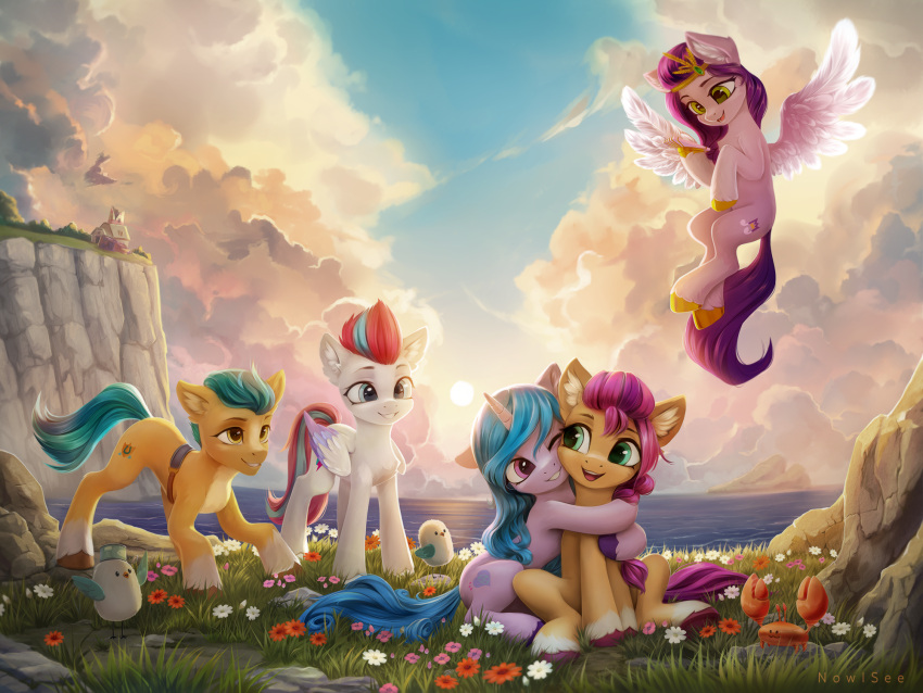 2022 4:3 arthropod avian bird blue_hair circlet cliff cloud crab crown crustacean cutie_mark decapoda detailed_background digital_media_(artwork) earth_pony embrace equid equine feathered_wings feathers female feral fetlocks flower flying fur grass group hair hasbro hi_res hitch_trailblazer_(mlp) hooves horn horse hug inner_ear_fluff inowiseei izzy_moonbow_(mlp) looking_at_another malacostracan male mammal marine mlp_g5 my_little_pony one_eye_closed open_mouth open_smile pegasus phone pipp_petals_(mlp) plant pony purple_body sash scenery sea sitting sky smile spread_wings sun sunny_starscout_(mlp) tiara tuft unicorn water wings zipp_storm_(mlp)