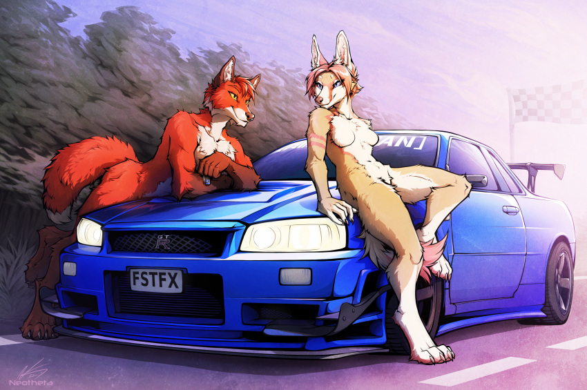 2022 4_toes 5_fingers anthro breasts brown_hair canid canine car digital_media_(artwork) duo featureless_breasts featureless_crotch feet female fingers fox fur hair hi_res mammal neotheta nissan nissan_gtr nude orange_body orange_fur smile tan_body tan_fur toes vehicle white_body white_fur