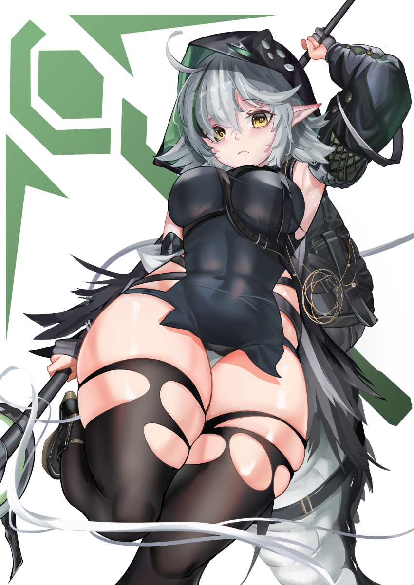 1girl absurdres ahoge arknights arm_up black_panties breasts covered_navel crocodilian_tail detached_sleeves eyebrows_visible_through_hair green_hair green_sleeves grey_hair highres holding holding_staff hood hood_up hooded_shirt impossible_clothes impossible_shirt large_breasts leg_up looking_at_viewer multicolored_hair panties shirt simple_background solo staff standing standing_on_one_leg streaked_hair tail_strap thighs tomimi_(arknights) torn_clothes torn_legwear underwear white_background zhouleihao