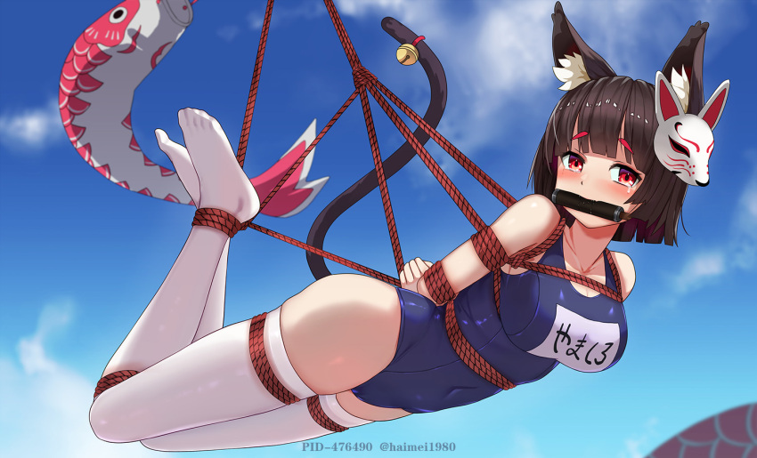 animal_humanoid azur_lane bdsm bit_gag bondage bound breasts brown_hair cat_ears_(disambiguation) cat_humanoid cat_tail clothed clothing felid felid_humanoid feline feline_humanoid female gag gagged haimei1980 hair hogtied humanoid mammal mammal_humanoid medium_breasts red_eyes restraints rope rope_bondage solo solo_focus suspension suspension_bondage swimwear yamashiro_(azur_lane)