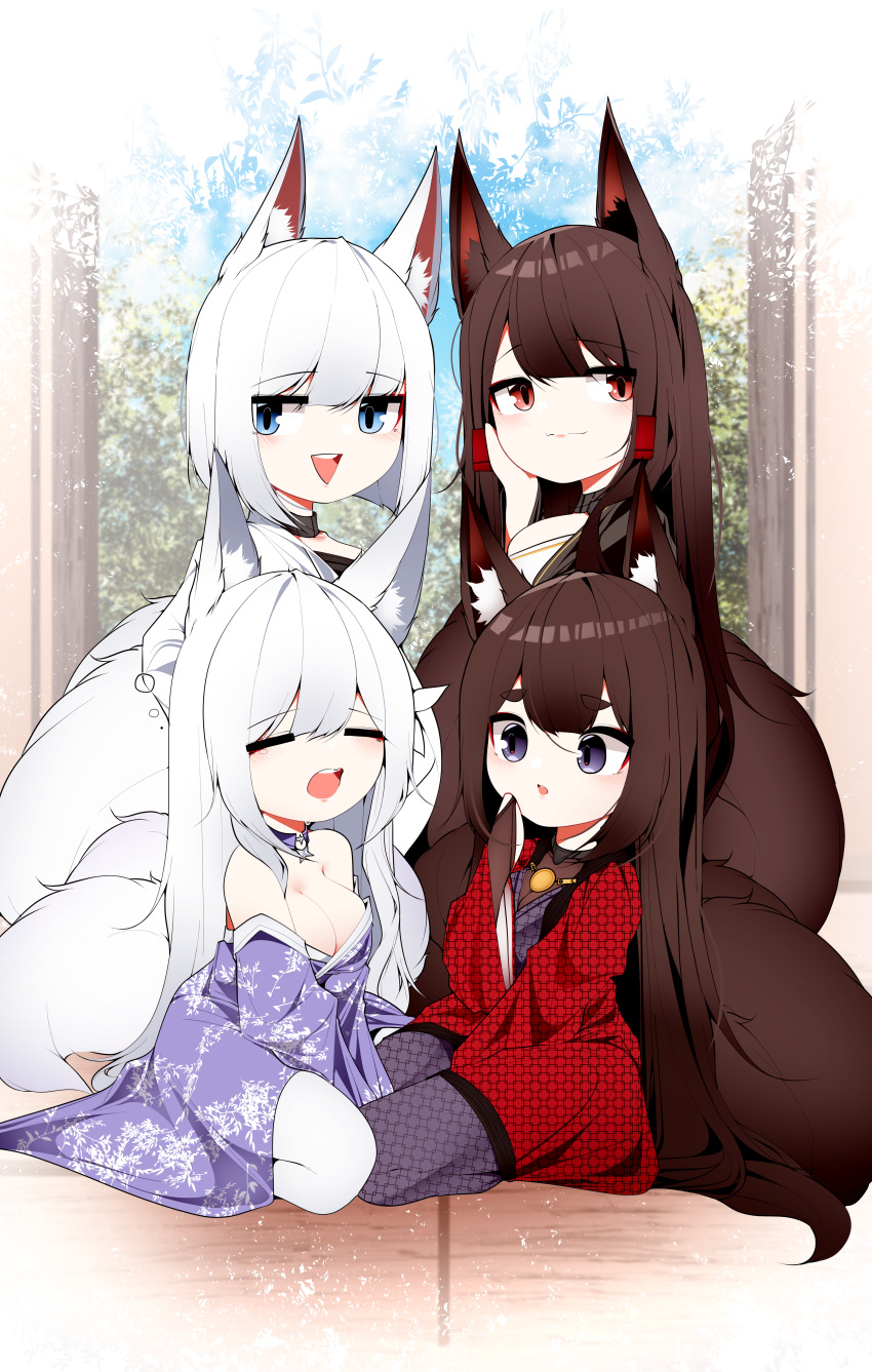 4girls :o absurdres akagi_(azur_lane) amagi-chan_(azur_lane) amagi_(azur_lane) animal_ear_fluff animal_ears azur_lane bangs black_gloves black_kimono blue_eyes blue_sky blunt_bangs blush breasts bridal_gauntlets brown_hair brown_tail choker cleavage closed_eyes closed_mouth collar collarbone commentary dreaming eyebrows eyebrows_visible_through_hair floor fox_ears fox_girl fox_tail gloves gradient gradient_background hair_ornament hair_over_shoulder hair_tubes hand_on_own_cheek hand_on_own_face hand_to_own_mouth head_tilt highres indoors japanese_clothes kaga_(azur_lane) kimono kitsune kyuubi large_breasts leaf long_hair looking_at_another looking_at_viewer medium_breasts medium_hair multicolored_clothes multicolored_kimono multiple_girls multiple_tails off-shoulder_kimono off_shoulder open_mouth pantyhose parted_lips print_kimono purple_eyes purple_kimono red_eyes red_kimono samip seiza shinano_(azur_lane) sidelocks sitting sky sleepy slit_pupils smile symbol-only_commentary tail tatami teeth traditional_clothes tree tree_print vegetation very_long_hair white_background white_hair white_kimono white_legwear white_tail window yawning younger