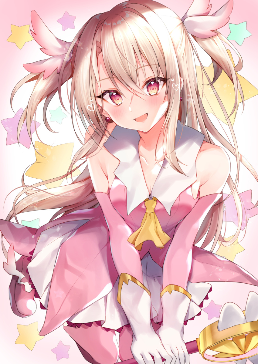 1girl absurdres ascot bangs bare_shoulders blush boots breasts cape dress elbow_gloves fate/kaleid_liner_prisma_illya fate_(series) feather_hair_ornament feathers gloves hair_between_eyes hair_ornament highres illyasviel_von_einzbern kaleidostick layered_gloves long_hair looking_at_viewer magical_ruby nenobi_(nenorium) open_mouth pink_dress pink_footwear pink_gloves prisma_illya red_eyes sidelocks skirt small_breasts smile thigh_boots thighhighs two_side_up wand white_cape white_gloves white_hair white_skirt