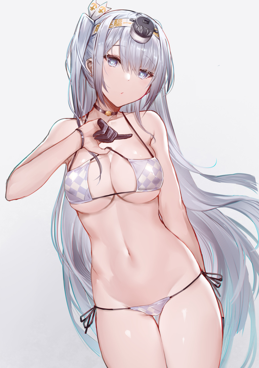 1girl absurdres bikini black_choker black_gloves blue_eyes breasts choker cleavage cowboy_shot fuyutsuki_(kancolle) gloves grey_background hair_ornament hairband highres interstellar kantai_collection large_breasts long_hair looking_at_viewer navel side_ponytail silver_hair simple_background solo swimsuit thighs underboob white_bikini