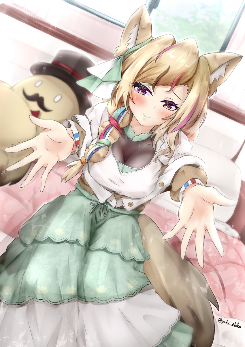 1girl alternate_costume animal_ears blonde_hair blue_hair blush braid breasts closed_mouth facing_viewer fennec_fox highres hololive incoming_hug indoors long_hair long_sleeves looking_at_viewer medium_breasts mr_lobster multicolored_hair omaru_polka open_hands outstretched_arms outstretched_hand purple_eyes reaching_out red_hair side_braid sitting smile spread_arms tail virtual_youtuber