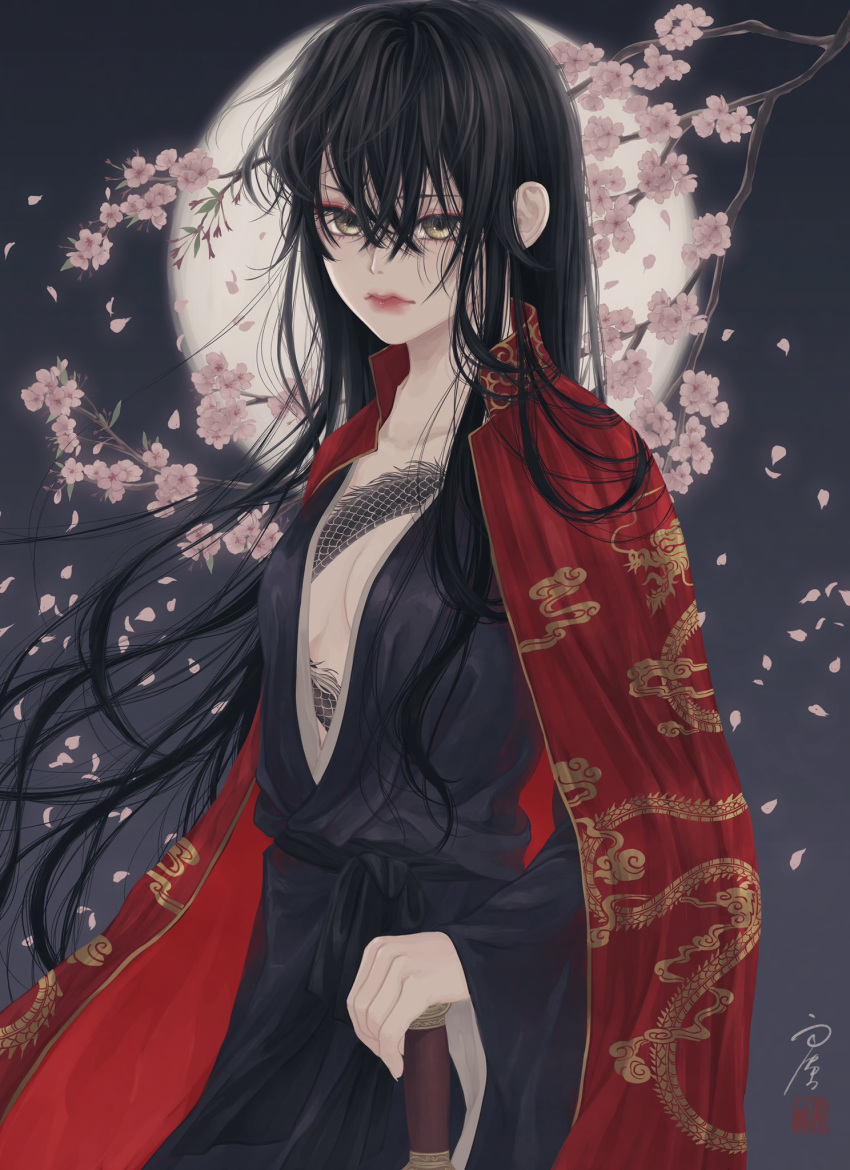 1girl bangs black_hair black_sash branch breasts center_opening cherry_blossoms chest_tattoo cleavage cloak closed_mouth collarbone commentary_request cowboy_shot dragon_print dragon_tattoo floating_hair flower full_moon grey_background hair_between_eyes highres holding holding_sword holding_weapon japanese_clothes long_hair long_sleeves looking_at_viewer moon open_cloak open_clothes original petals pink_flower print_cloak red_cloak sash seal_impression signature small_breasts solo standing sword tattoo ushiyama_ame very_long_hair weapon wide_sleeves yellow_eyes