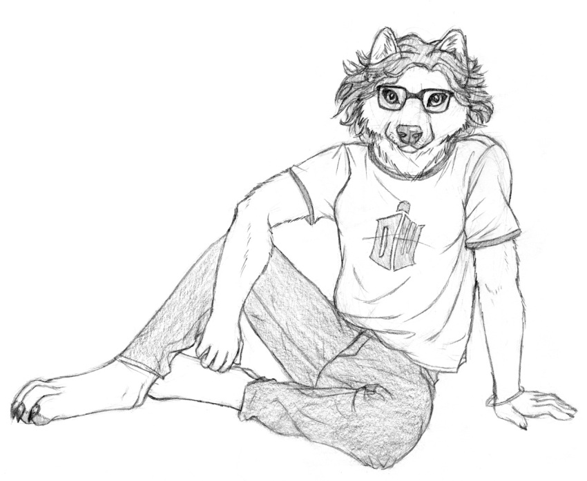 5_fingers anthro biped black_and_white bottomwear cheek_tuft claws clothing eyewear facial_tuft female fingers glasses glistening glistening_nose hair inner_ear_fluff leaning leaning_back looking_at_viewer monochrome pants pawpads shirt sitting skyelegs solo t-shirt topwear traditional_media_(artwork) tuft wavy_hair
