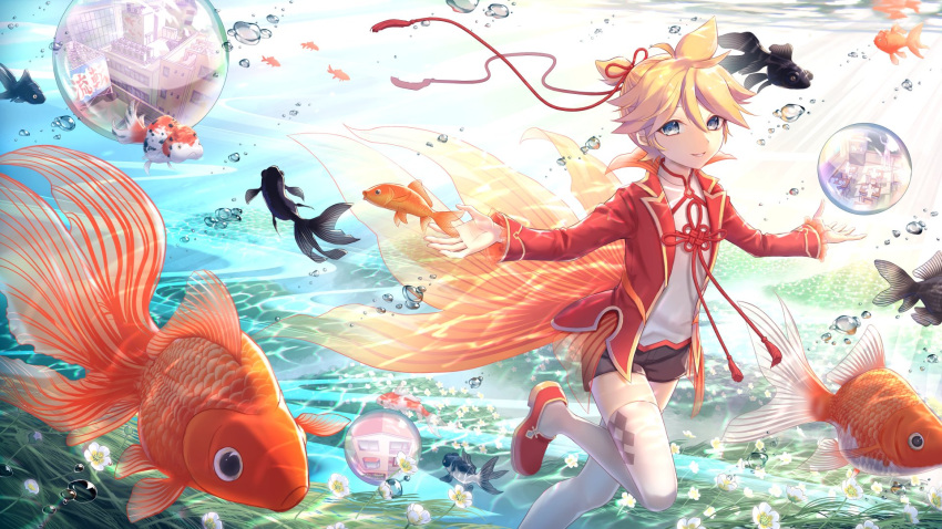 1boy aroeruji3 black_footwear black_shorts blonde_hair blue_eyes bubble city fish fish_tail flower goldfish highres kagamine_len looking_at_viewer male_focus red_footwear rooftop short_shorts shorts smile solo tail thighhighs underwear vocaloid white_flower