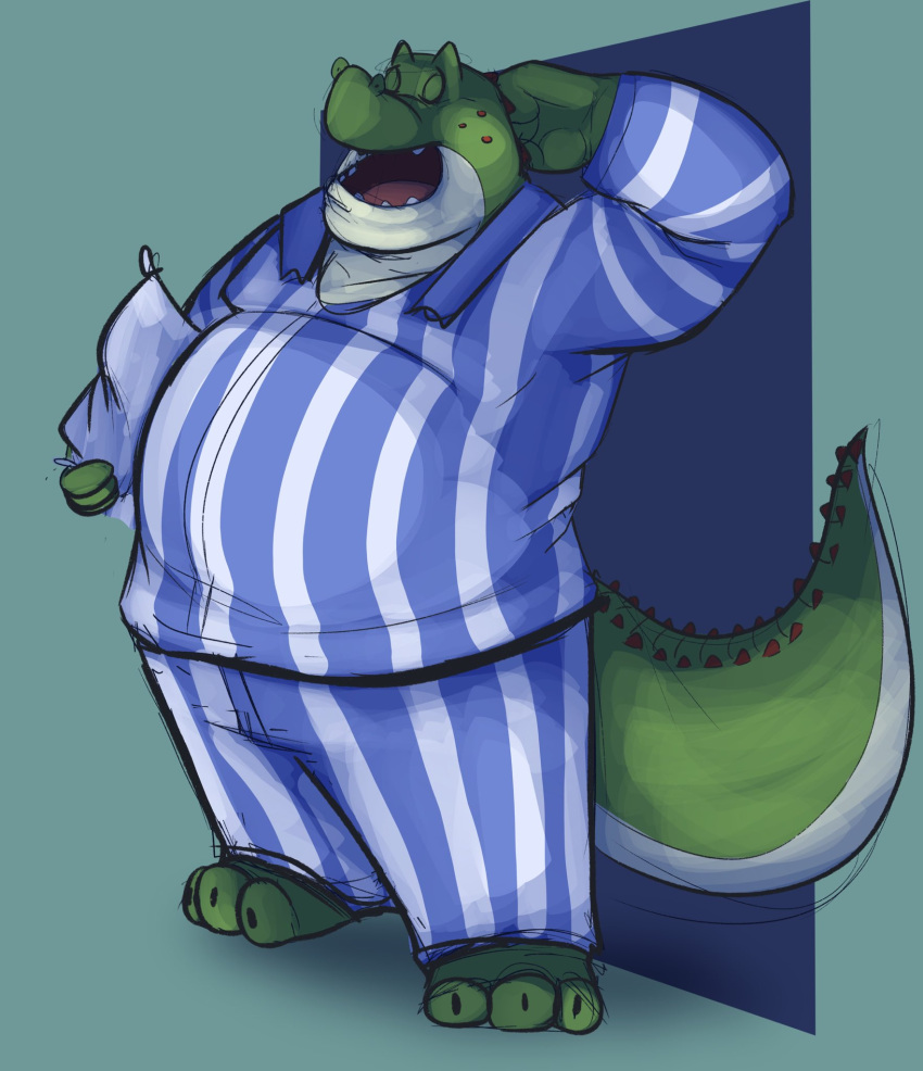 2022 alligator alligatorid anthro belly big_belly biped clothing crocodilian dippubear eyes_closed green_body hi_res humanoid_hands male overweight overweight_male pajama_pants pajama_shirt pajamas pillow reptile scalie solo