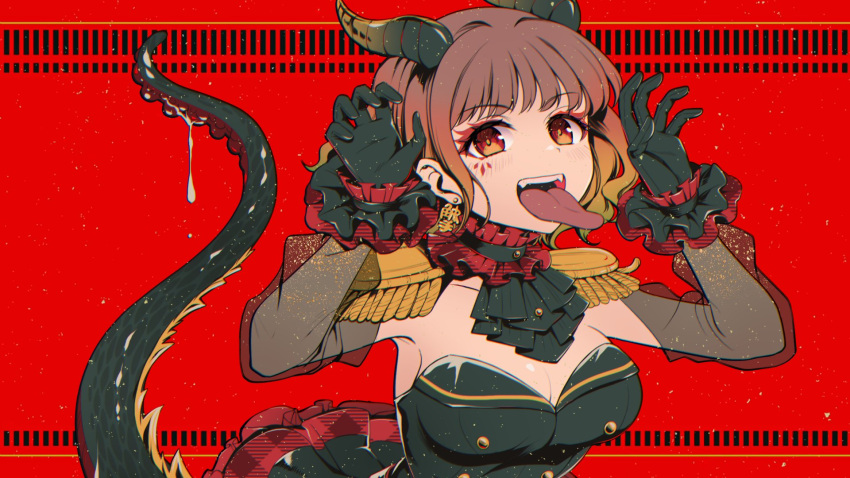 1girl black_gloves colored_tips epaulettes eyeshadow frilled_gloves frilled_skirt frills gloves highres hinagisa_yaya horns lizard_tail makeup multicolored_hair red_background red_eyes red_eyeshadow red_hair salamander_(vocaloid) skirt solo tail tongue tongue_out upper_body