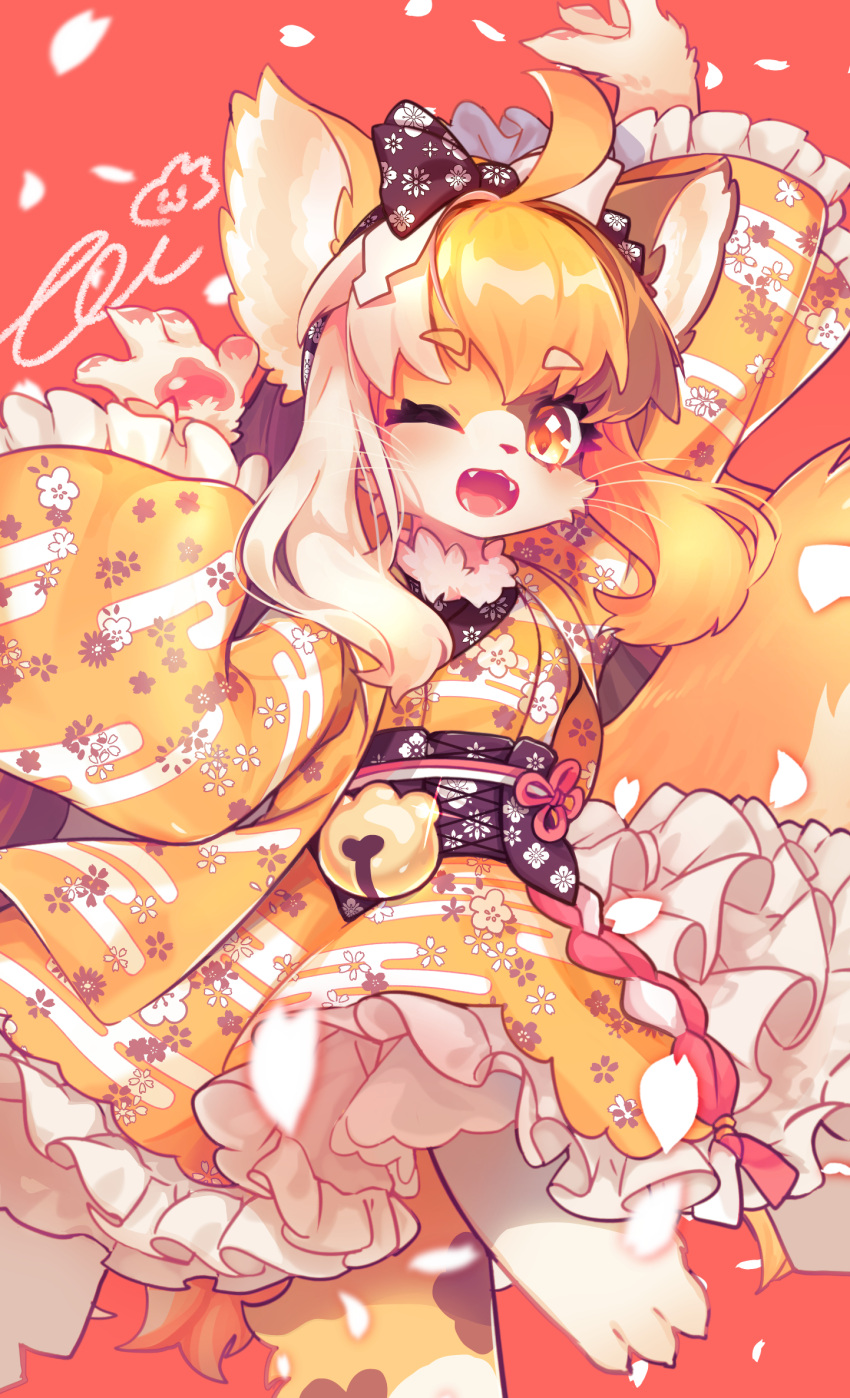 accessory anthro asian_clothing bell blonde_hair canid canine clothed clothing corset east_asian_clothing eyebrow_through_hair eyebrows female fluffy fluffy_tail fox frilly frilly_clothing fur fur_tuft hair hair_accessory hair_bow hair_ribbon hi_res inner_ear_fluff japanese_clothing jingle_bell kemono kimono lingerie long_hair looking_at_viewer mammal multicolored_hair one_eye_closed open_mouth pattern_clothing pawpads petals ribbons simple_background smile solo tai_tai_kun topwear translucent translucent_hair tuft white_hair