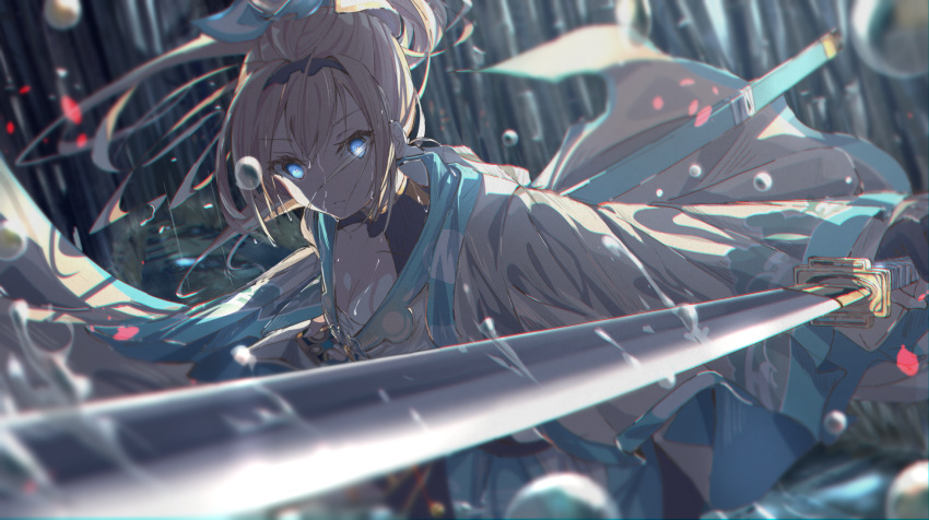 1girl bamboo bamboo_forest bangs blonde_hair blue_eyes breasts c4_art chest_sarashi cleavage closed_mouth forest hair_ornament haori highres holding holding_sword holding_weapon hololive holox japanese_clothes katana kazama_iroha leaf_hair_ornament long_hair looking_at_viewer motion_blur nature outdoors outstretched_arm ponytail rain sarashi serious sheath shrug_(clothing) solo sword virtual_youtuber weapon