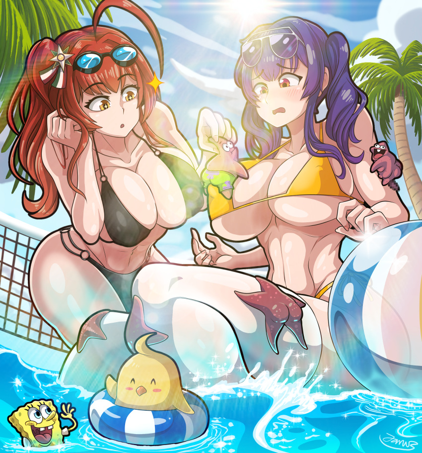 2girls absurdres ahoge ass aviator_sunglasses azur_lane ball beachball bikini black_bikini blue_eyes blue_hair breasts cleavage commentary crossover english_commentary eyewear_on_head goggles goggles_on_head highres large_breasts long_hair looking_at_another manjuu_(azur_lane) multiple_girls official_alternate_costume open_mouth palm_tree patrick_star pola_(azur_lane) pola_(seaside_coincidence)_(azur_lane) red_eyes red_hair spongebob_squarepants spongebob_squarepants_(character) starfish sunglasses swimsuit thighhighs tree twintails volleyball_net waving white_legwear xxjimjamxx yellow_bikini zara_(azur_lane) zara_(poolside_coincidence)_(azur_lane)