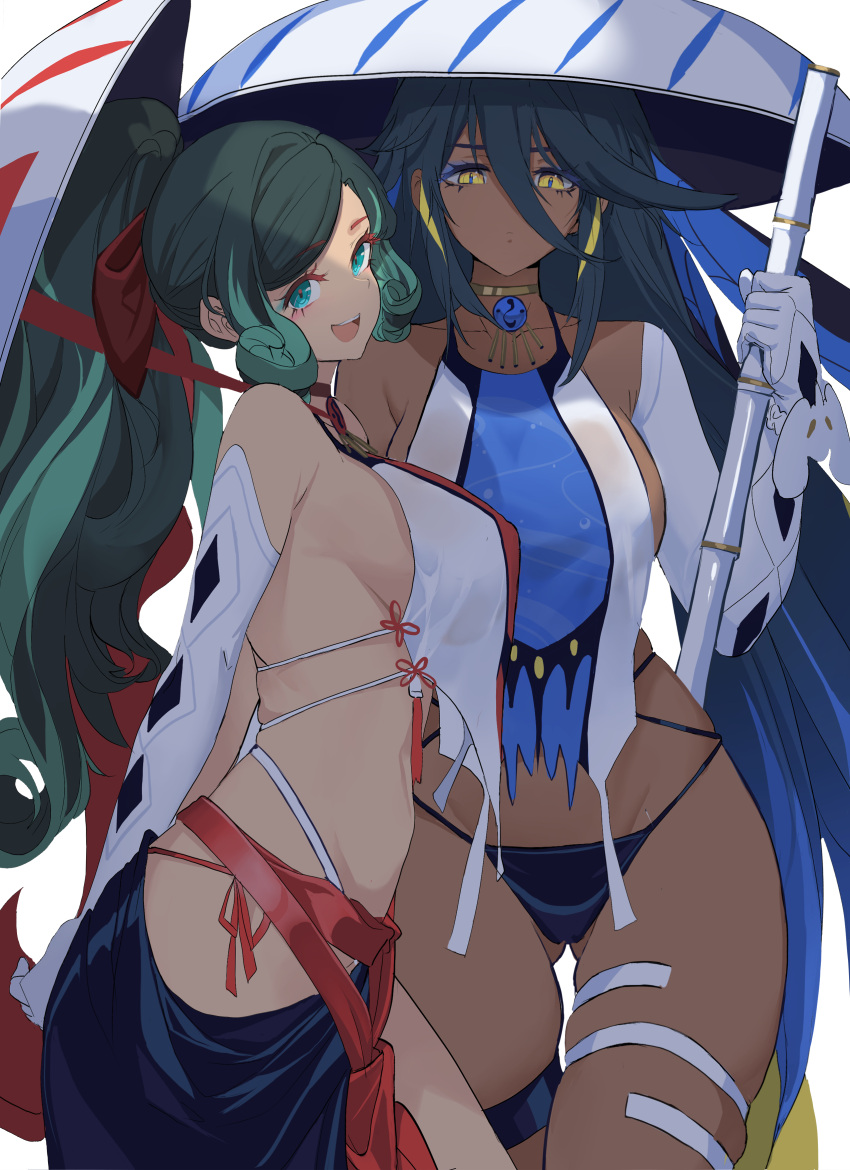 2girls absurdres bangs black_hair black_panties black_skirt blue_hair blush breasts collarbone crop_top dark-skinned_female dark_skin dishwasher1910 fate/grand_order fate_(series) green_eyes green_hair hair_between_eyes highres ichimegasa large_breasts long_hair long_skirt looking_at_viewer midriff multicolored_hair multiple_girls nakayoshi_saber navel open_mouth panties sash shirt sidelocks single_sleeve skirt smile streaked_hair swept_bangs tassel thighs torn_clothes underwear wavy_hair weapon white_headwear white_shirt yellow_eyes