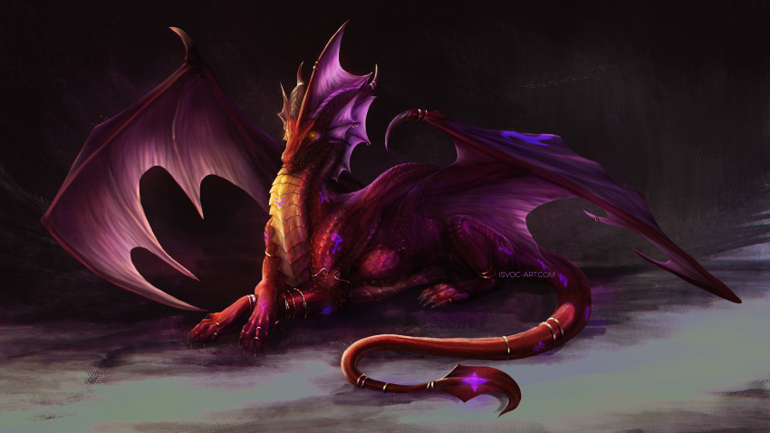 16:9 2022 ambiguous_gender claws digital_media_(artwork) dragon feral hi_res horn isvoc lying membrane_(anatomy) membranous_wings red_body red_scales scales scalie solo spines western_dragon widescreen wings